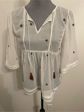 Lucky Brand White Sheer Boho Tunic with Brown Embroidery. Size M